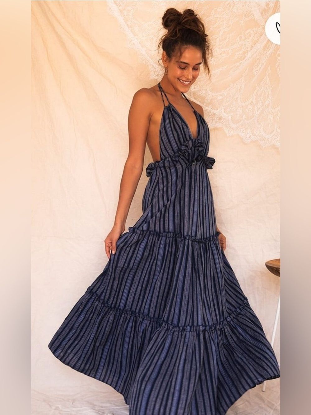 Lulu's Cotton Navy Vacay Babe Striped Ruffle Halter Tiered Maxi Dress M Beachy